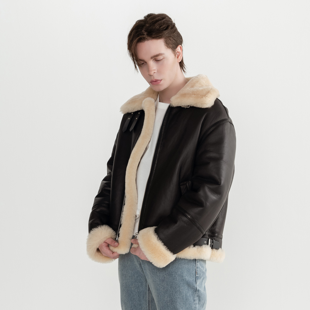 이태원포스트 리얼 양털 양가죽 남성 B-3 무스탕 자켓 오버핏 다크브라운 골드, L