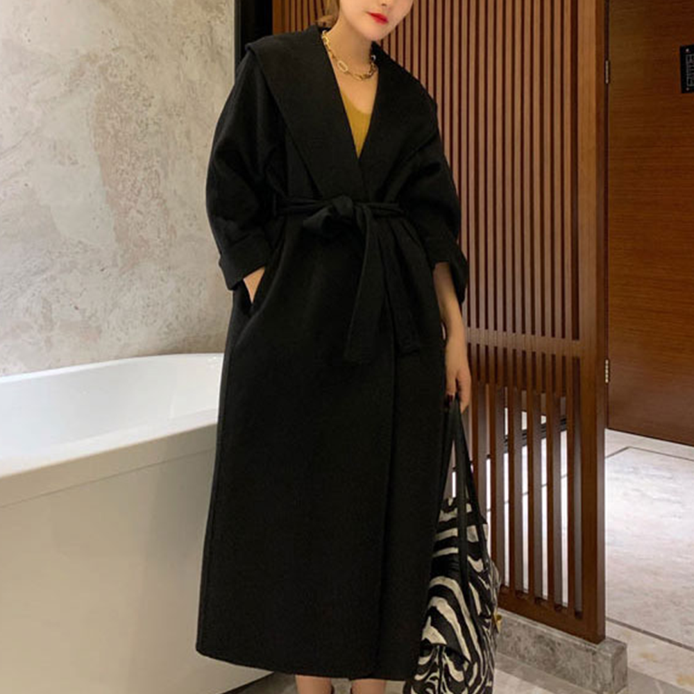 울100 핸드메이드 코트 양모 롱 숄카라 싱글 가벼운 오버핏 겨울 여성 코트 아우터