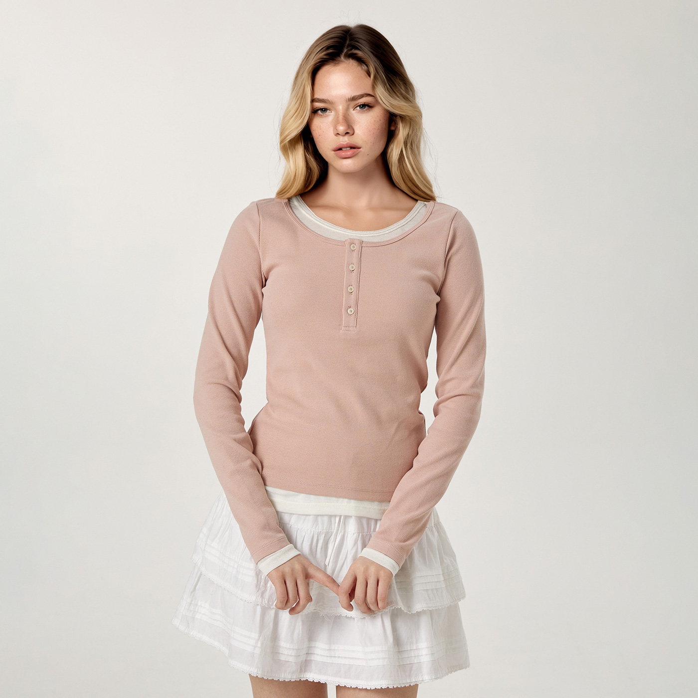 [후아유] 레이어드 헨리넥 긴팔티(여성) / WHLAG2283F