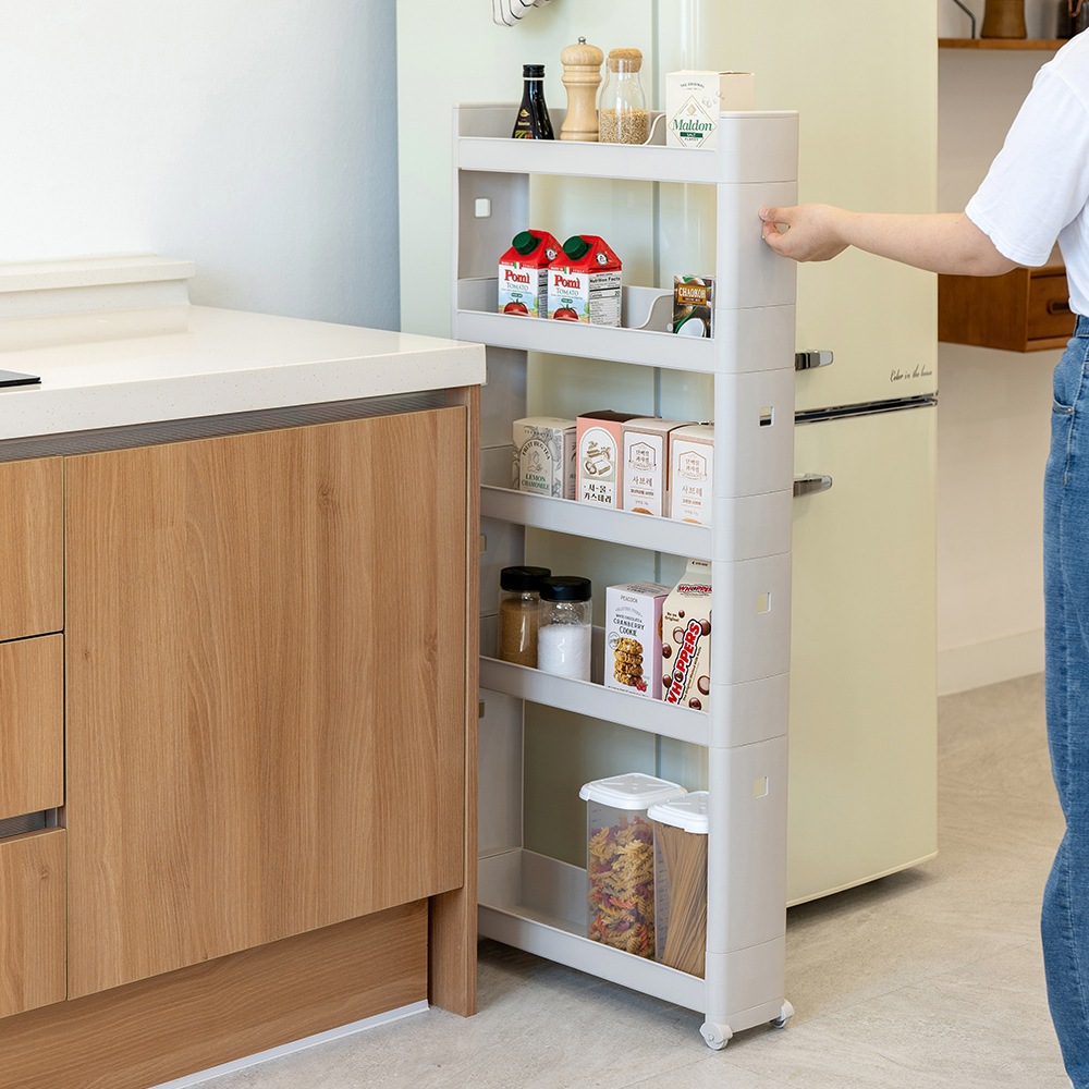 창신리빙 NEW 슬림 틈새선반13cm 5단 이동식트롤리