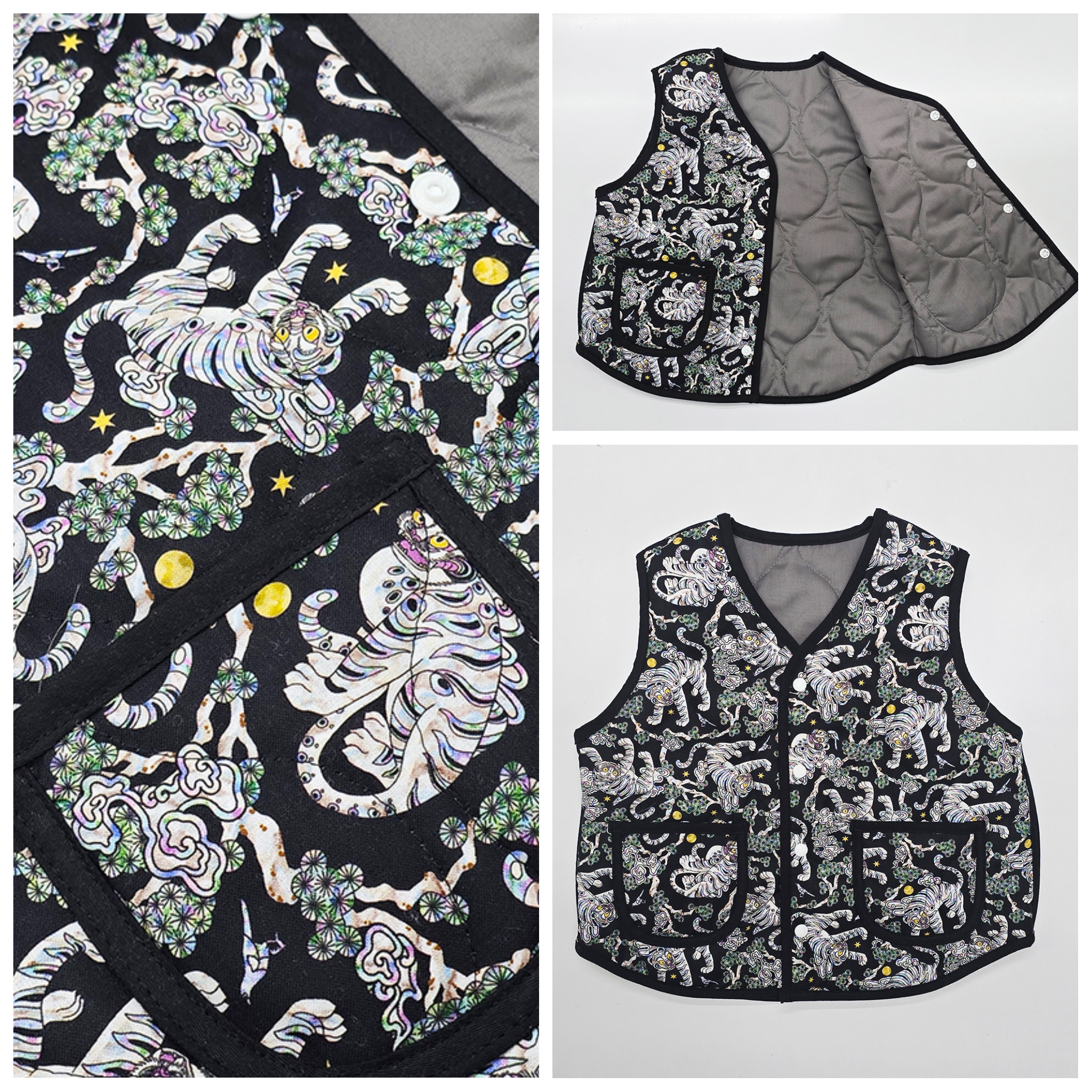 성인용 호작도 자개블랙 패딩 조끼