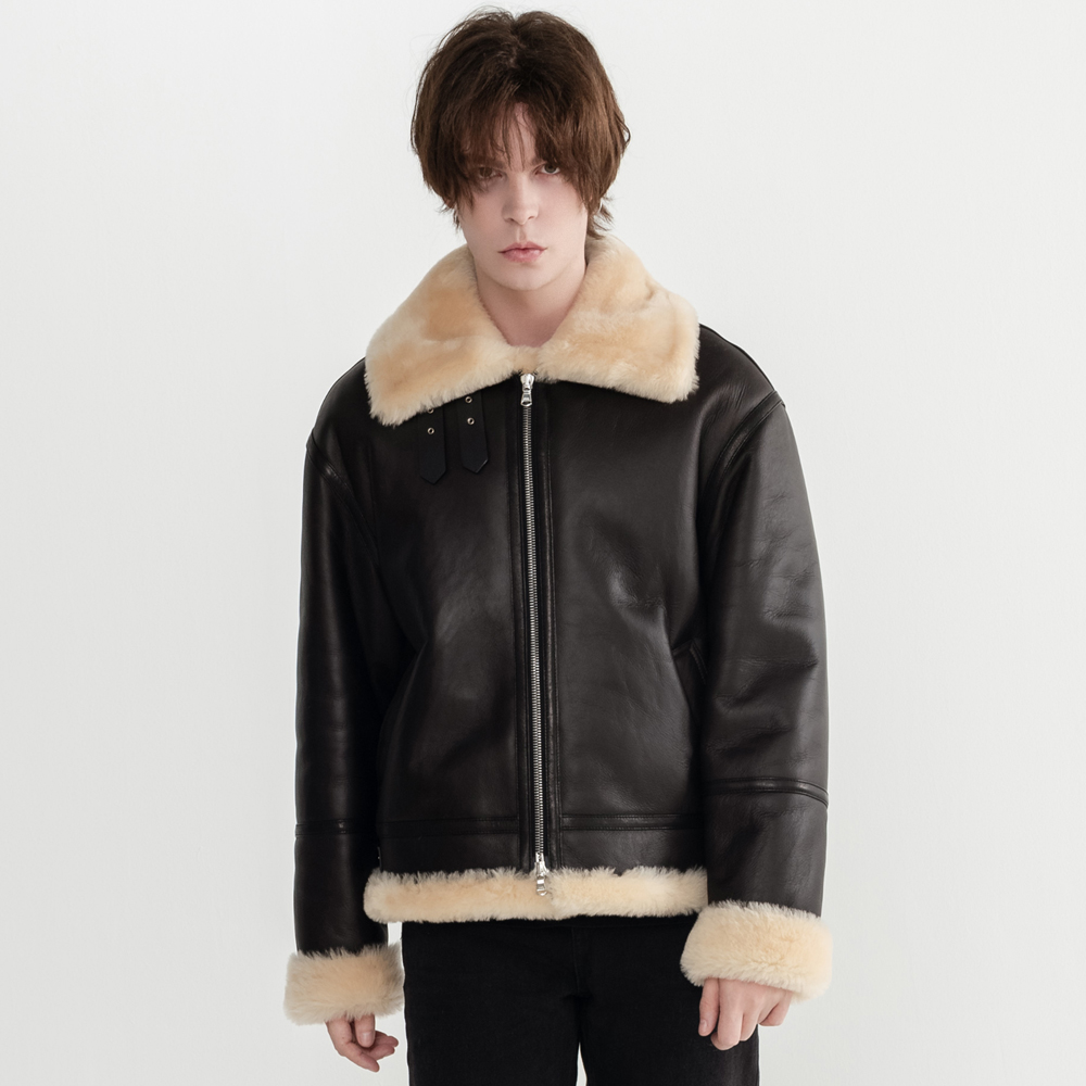 이태원포스트 리얼 양털 양가죽 남성 B-3 무스탕 자켓 오버핏 다크브라운 골드, L