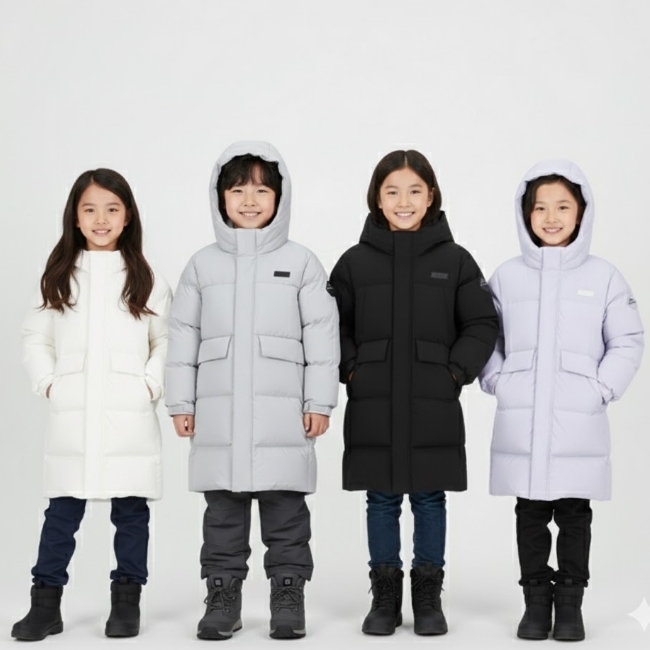 네파키즈 공용 겨울 초등 아웃도어 오리털 후드 롱패딩 덕다운 롱다운 점퍼 라벤더, 155