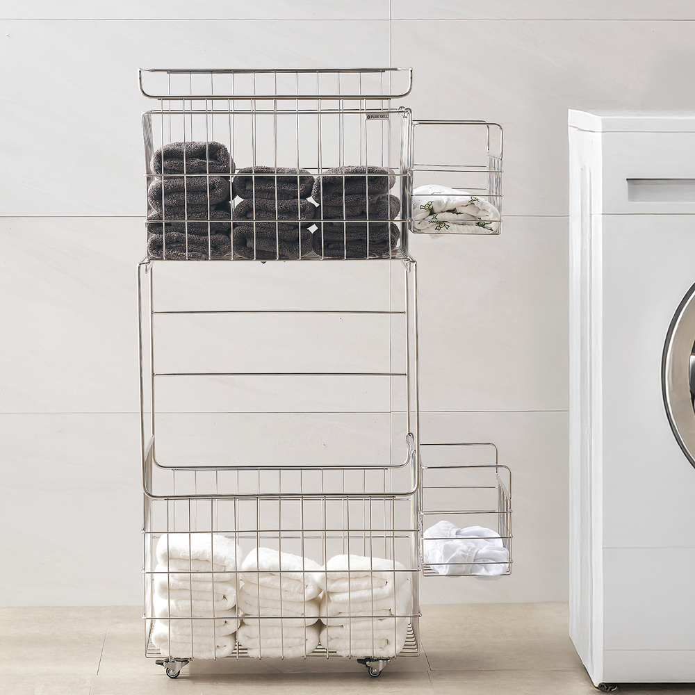 퓨어셀 프리미엄 304 올스텐 이동식 대용량 세탁 빨래 바구니 2단, 1개