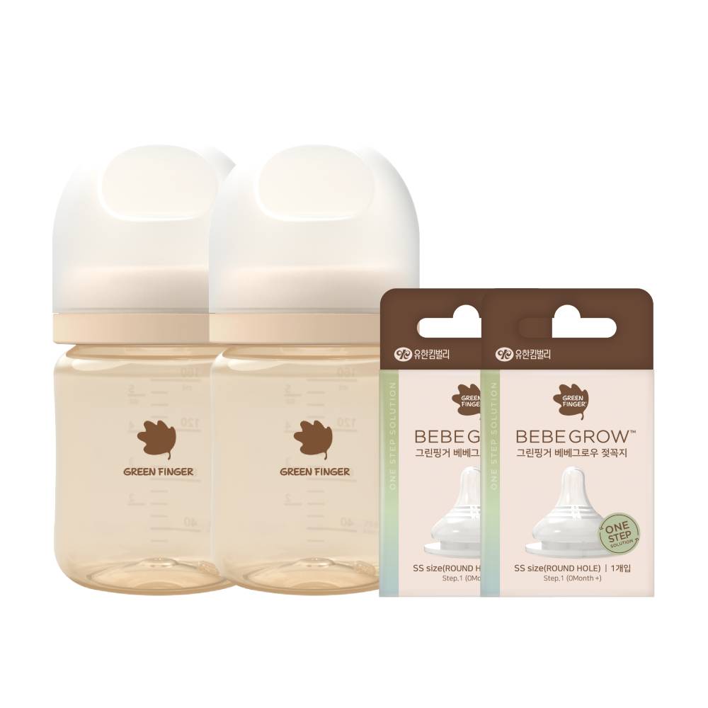 그린핑거 베베그로우 PPSU 젖병 트윈팩 크림&베이지 160ml (노꼭지)+젖꼭지 2개 세트