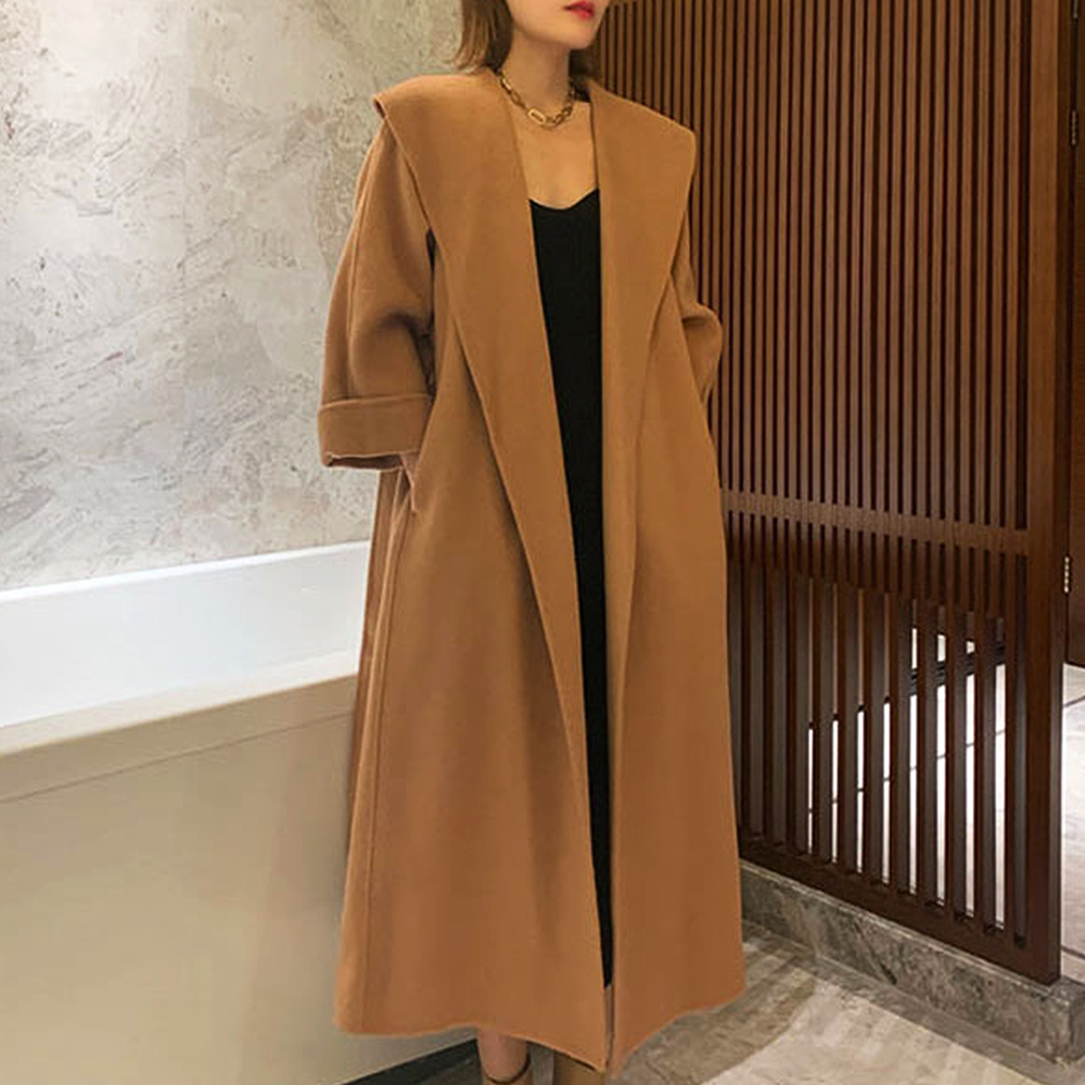 울100 핸드메이드 코트 양모 롱 숄카라 싱글 가벼운 오버핏 겨울 여성 코트 아우터