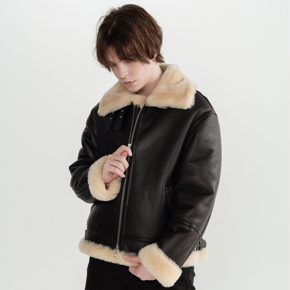 이태원포스트 리얼 양털 양가죽 남성 B-3 무스탕 자켓 오버핏 다크브라운 골드, L