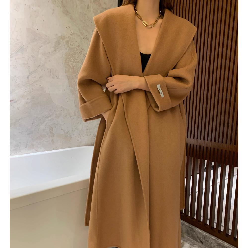 울100 핸드메이드 코트 양모 롱 숄카라 싱글 가벼운 오버핏 겨울 여성 코트 아우터