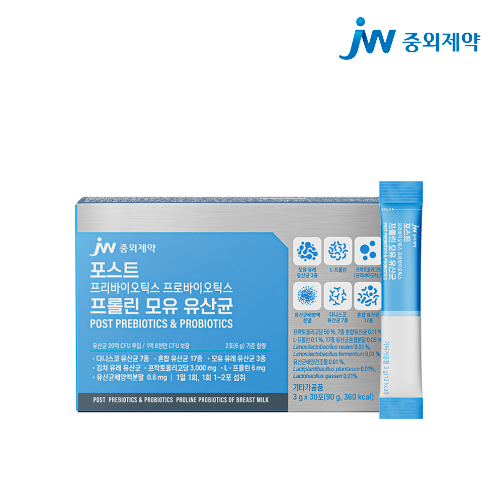 JW중외제약 포스트 프리바이오틱스 프로바이오틱스 프롤린 모유 유산균 3g 30포, 6개