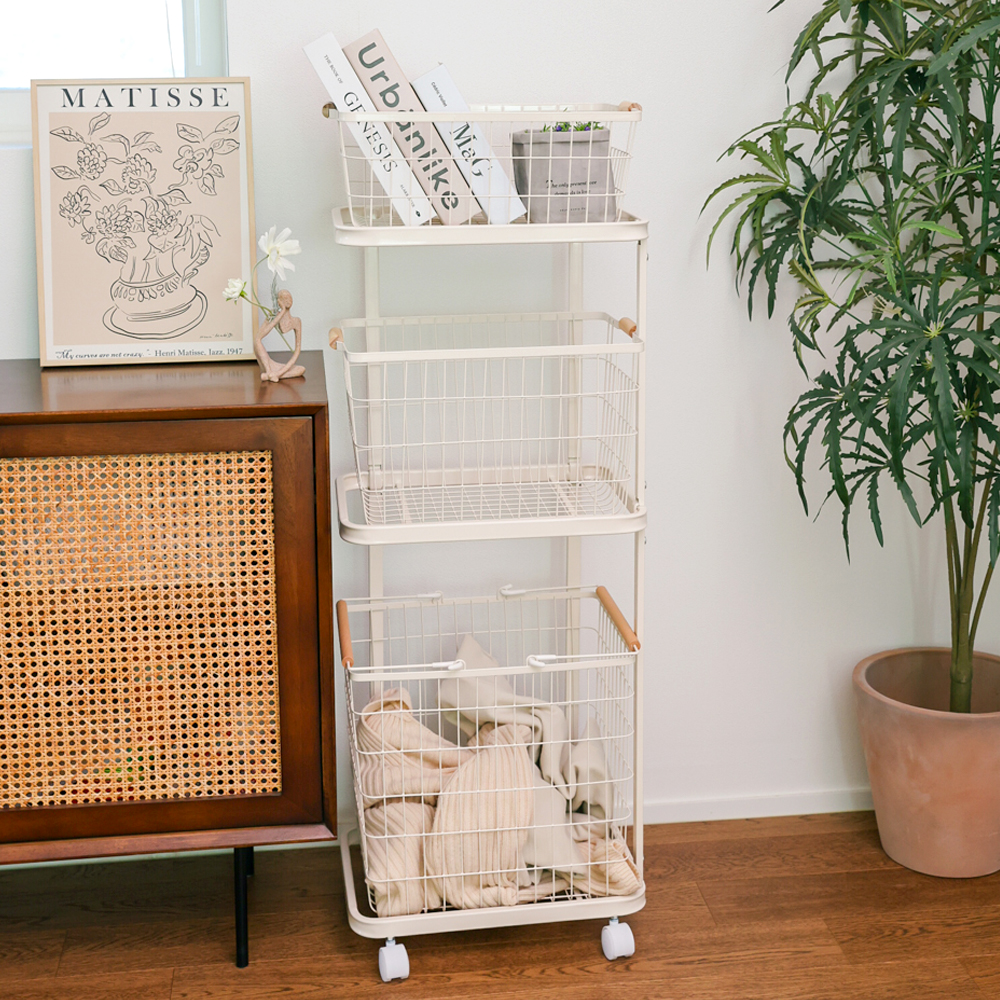 롤빈 무브 3단 빨래 바구니 철제 이동식 세탁 바스켓 빨래통