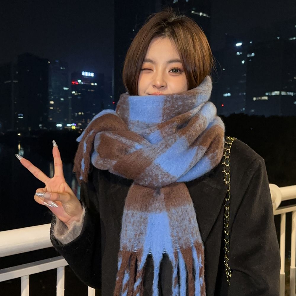 여성 겨울 캐시미어 목도리 남자 체크 니트 커플 머플러