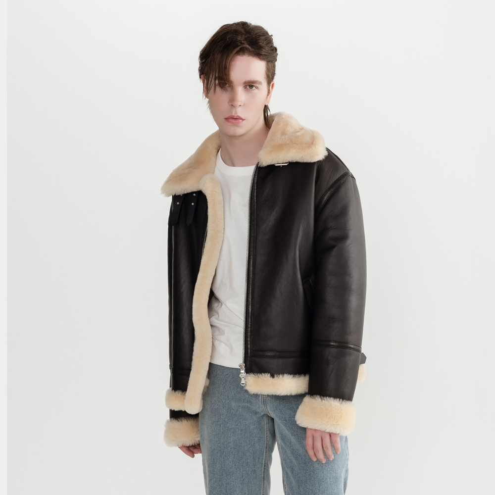 이태원포스트 리얼 양털 양가죽 남성 B-3 무스탕 자켓 오버핏 다크브라운 골드, L