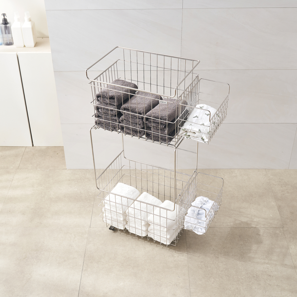 퓨어셀 프리미엄 304 올스텐 이동식 대용량 세탁 빨래 바구니 2단, 1개