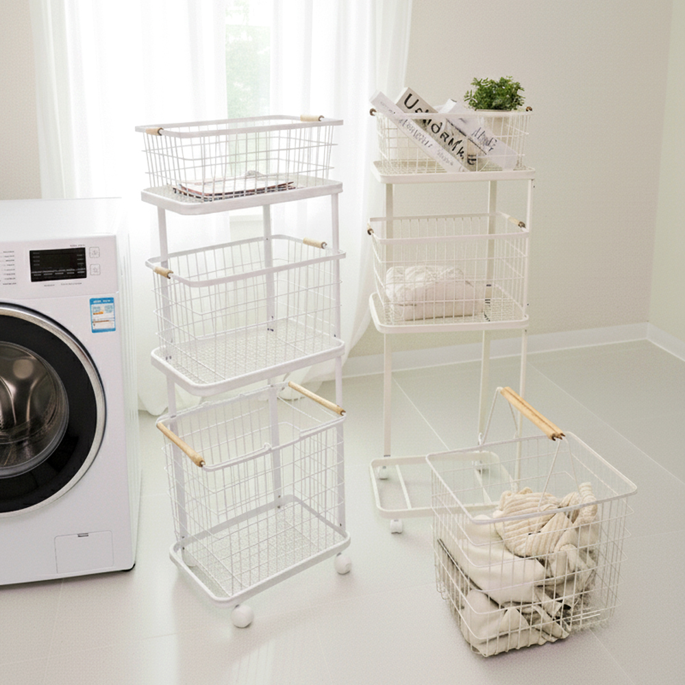 롤빈 무브 3단 빨래 바구니 철제 이동식 세탁 바스켓 빨래통