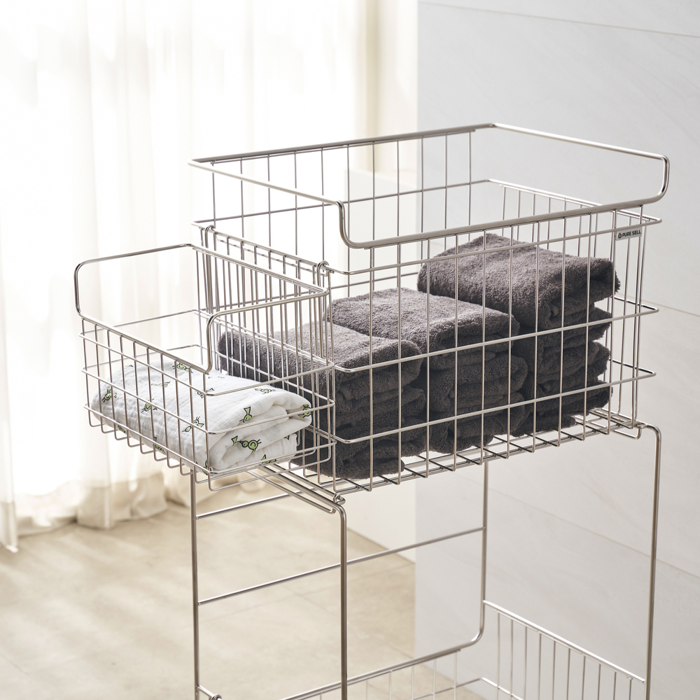 퓨어셀 프리미엄 304 올스텐 이동식 대용량 세탁 빨래 바구니 2단, 1개