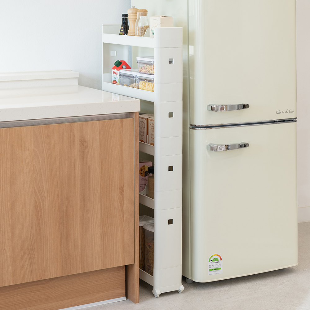 창신리빙 NEW 슬림 틈새선반13cm 5단 이동식트롤리